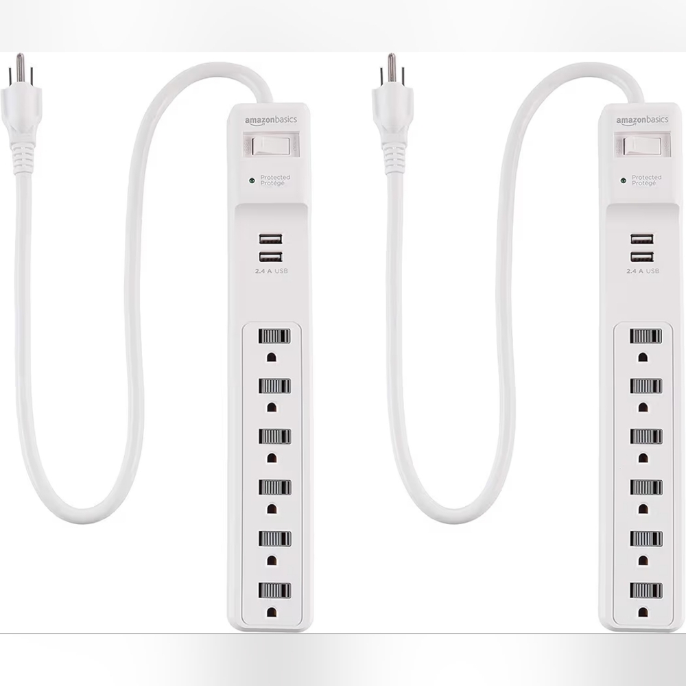 Amazon Basics 6-Outlet Surge Protector Power Strip 2 USB Ports 2 Ft Cord 2 PACK